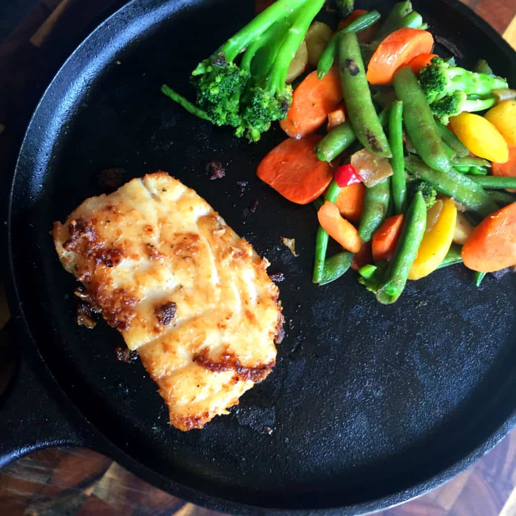 red miso butter cod with stir fry vegetables