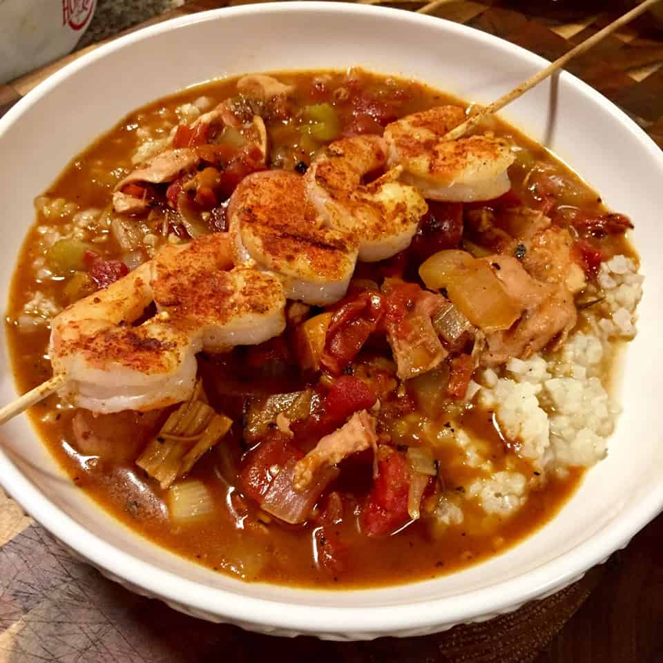 smoked chicken, sausage and shrimp gumbo side view