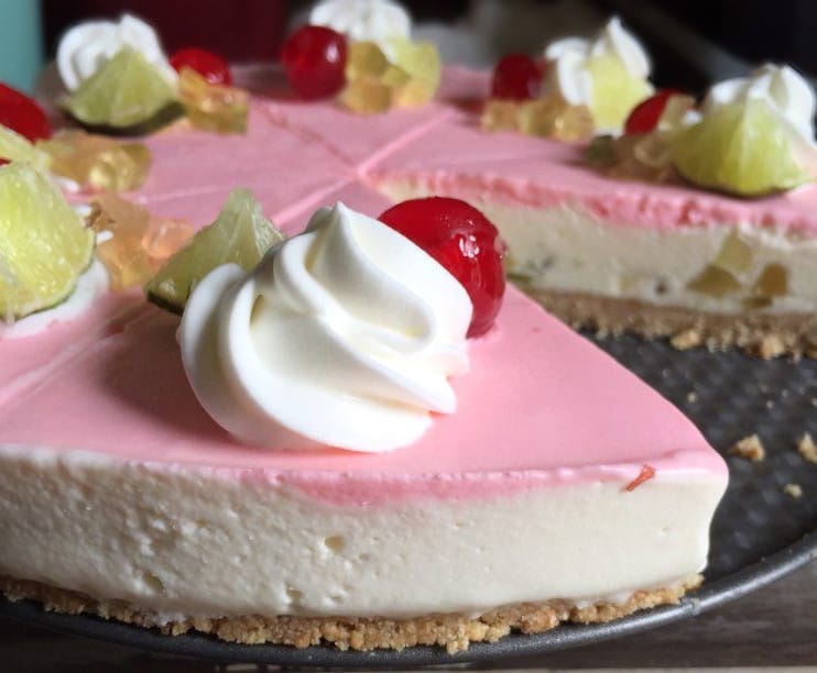 side view of cherry, lime and citron icebox cheesecake