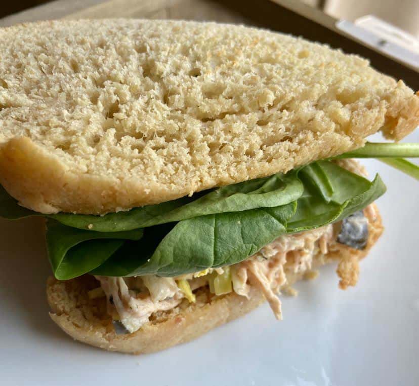 dill lovers chicken salad sandwich with spinach and on homemade bread