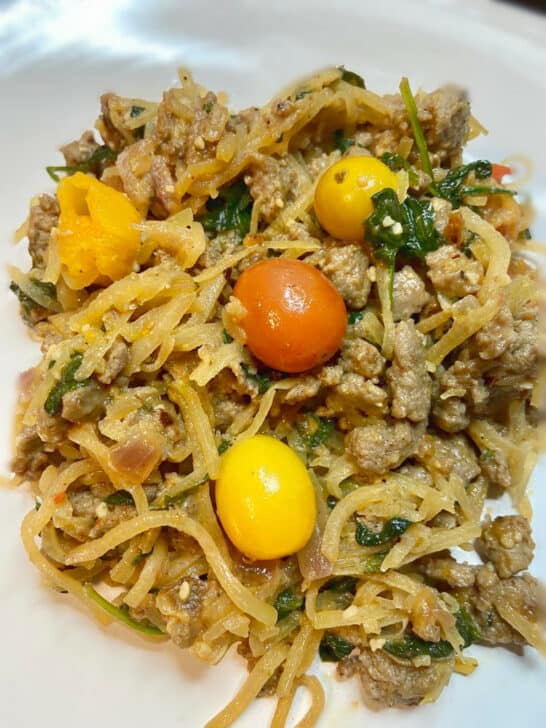 Kohlrabi Pasta with Sausage and Feta - FlyPeachPie